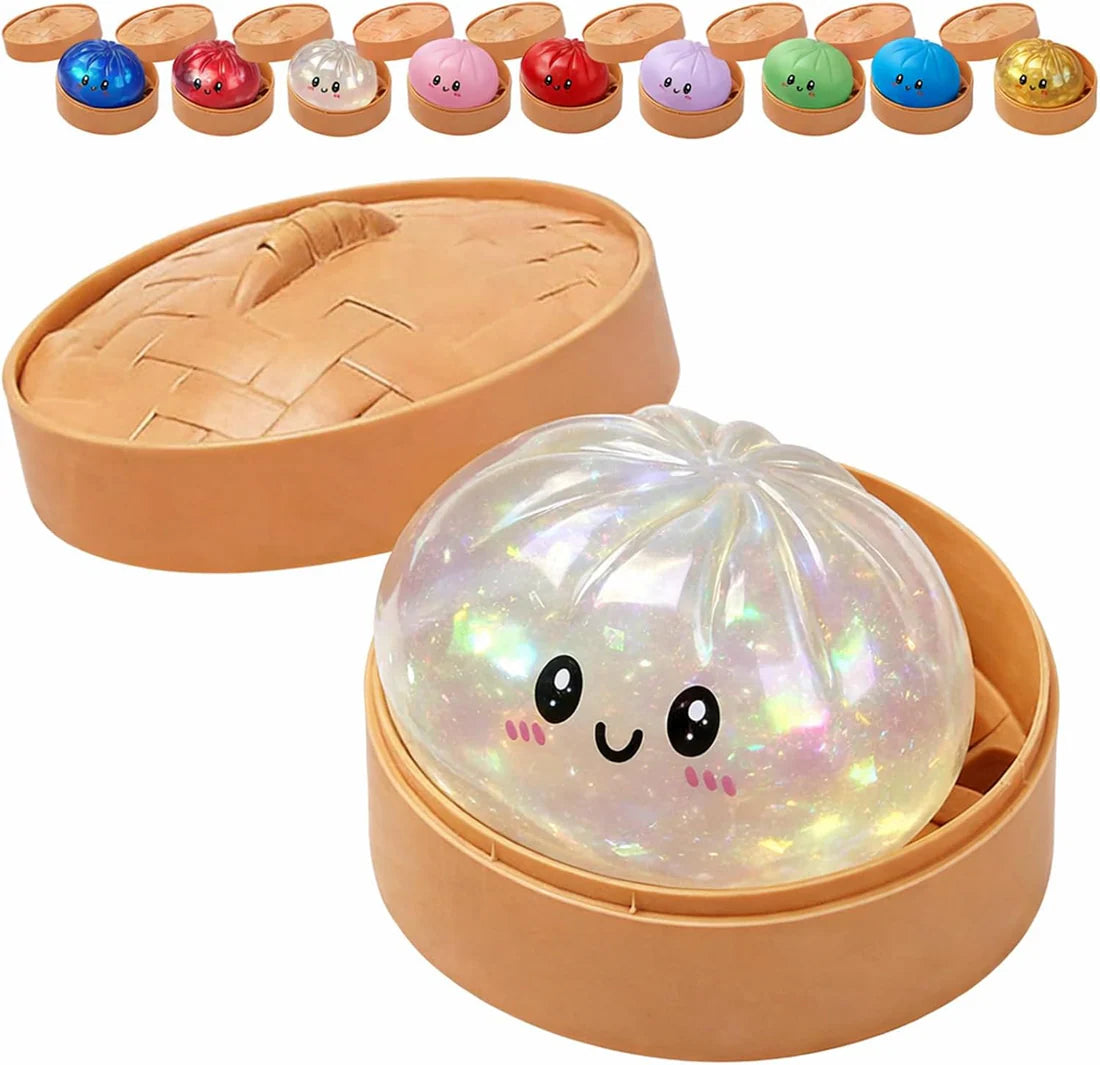 Glitter dumpling squishy open case with translucent iridescent dome and face