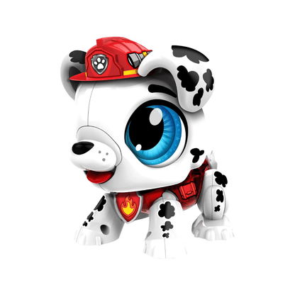 Red and white robotic dog character with big blue eye and paw-print details
