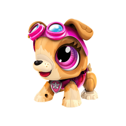 Robotic puppy pet figure with purple visor, pink goggles, and purple collar emblem