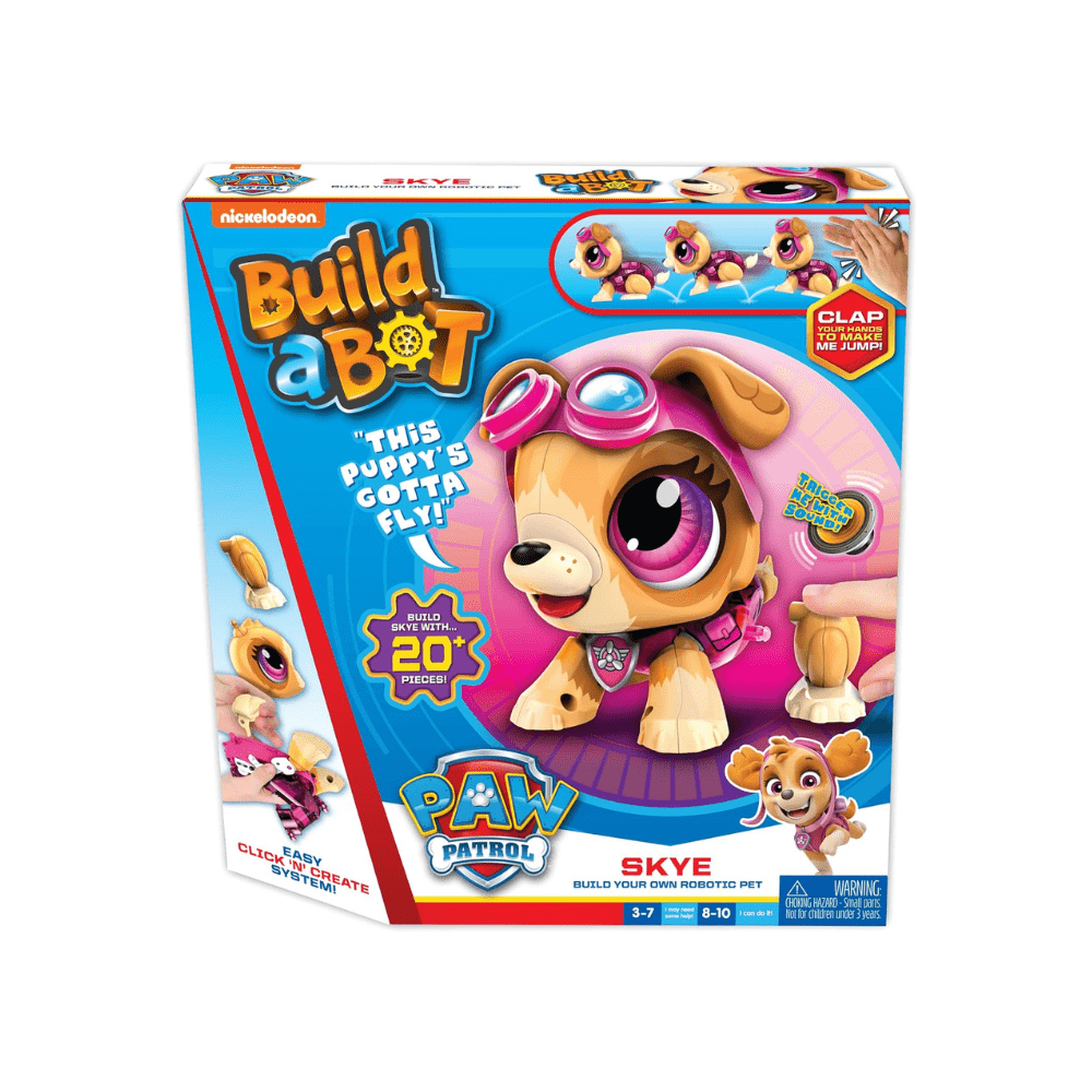 Robotic puppy build-a-bot kit box featuring Skye character, Paw Patrol styling