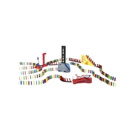 Domino Express playset track pieces with domino stacks and launcher base