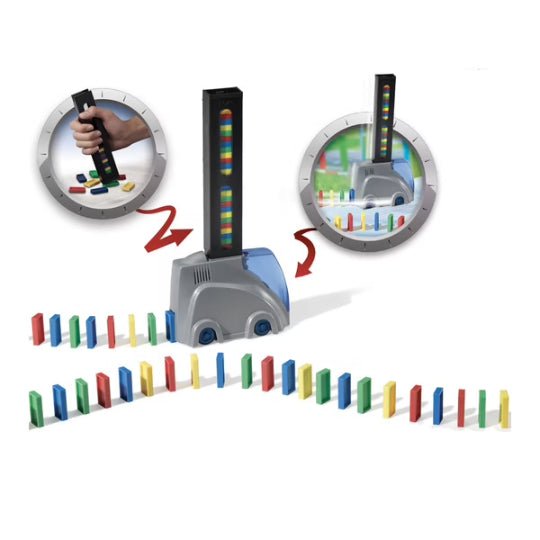 Domino track creator base with colorful domino pieces and vertical stacker