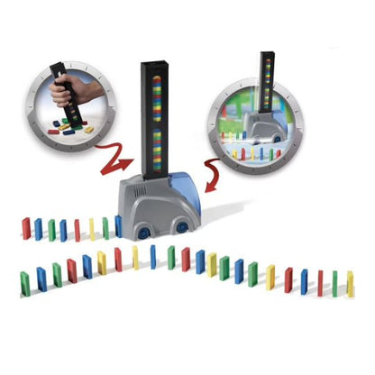 Domino track creator base with colorful domino pieces and vertical stacker