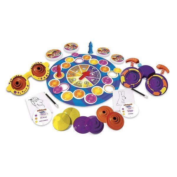 Mirogolo Challenge Your Parents game contents: spinning discs, cards, wheel board