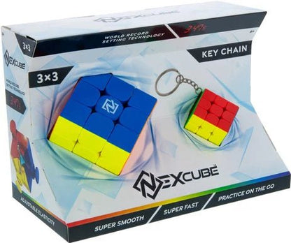 Nexcube 3x3 key chain cube set on box: blue/yellow cube and red cube keychain