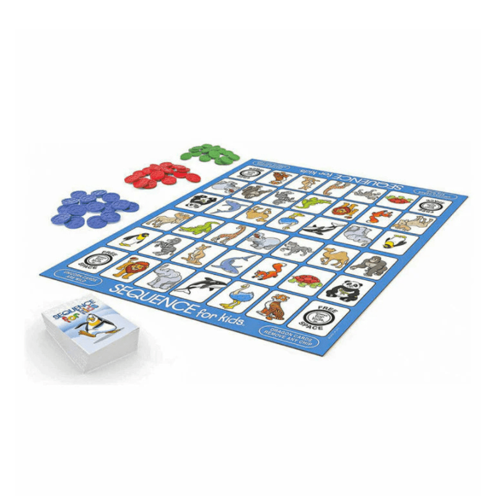 Sequence for kids board game card grid with animal icons and colored tokens