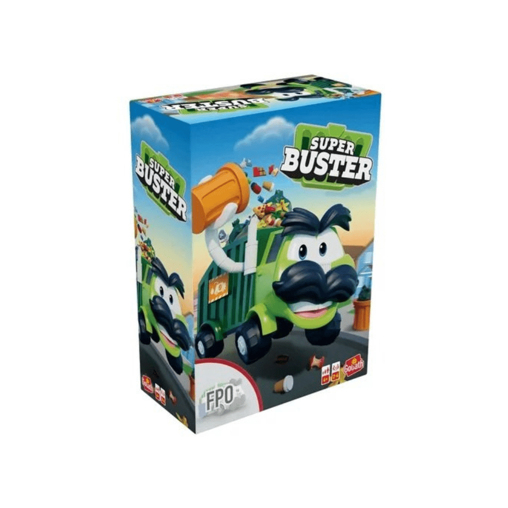 Card game box with cartoon characters, green truck, and title text "Super Buster"