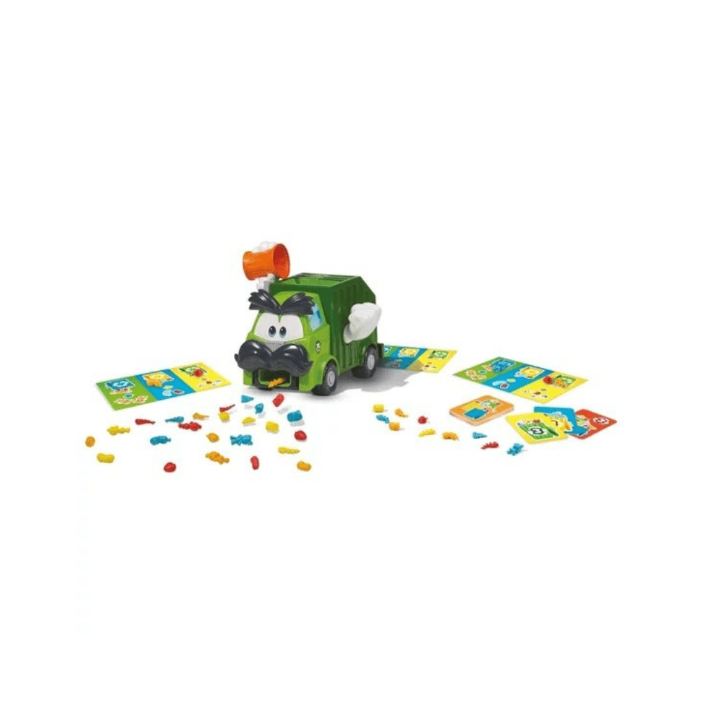 Card game pieces laid out: green truck figure, cards, and colorful tokens on white