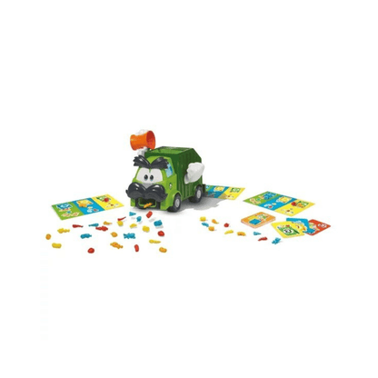 Card game pieces laid out: green truck figure, cards, and colorful tokens on white