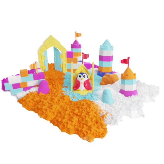 Snow playset pieces with penguin figure, colorful ice palace, and building blocks