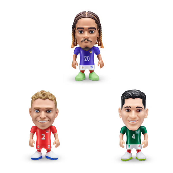 Three mini football player bobble figures in blue, red, and green kits