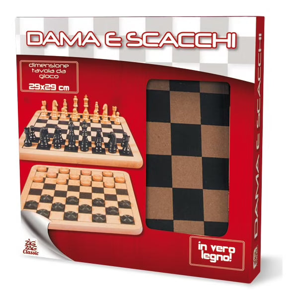 Chess and checkers game set with folding boards and wooden pieces, in retail box
