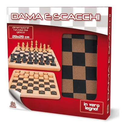 Chess and checkers game set with folding boards and wooden pieces, in retail box