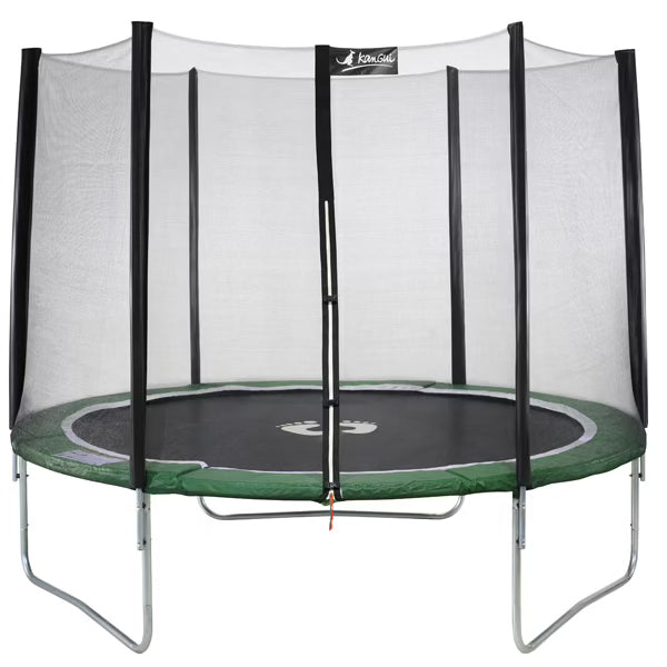 Round trampoline with safety net, black poles, green jumping mat, white frame and base