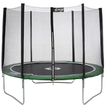 Round trampoline with safety net, black poles, green jumping mat, white frame and base