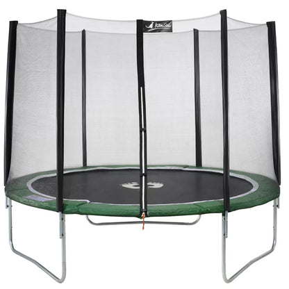 Round trampoline with safety net, black poles, green jumping mat, white frame and base