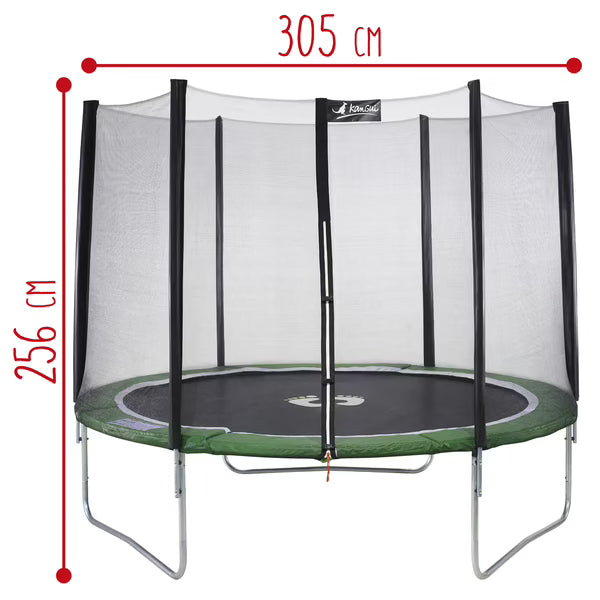 305 cm round trampoline with safety net and green mat, black frame poles, white legs