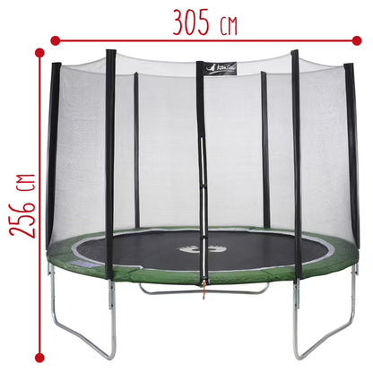 305 cm round trampoline with safety net and green mat, black frame poles, white legs
