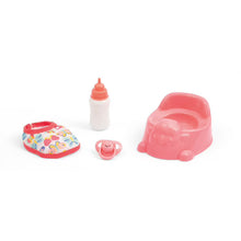 Peeing baby doll accessories: pink potty, bottle with cap, and small pink training cup