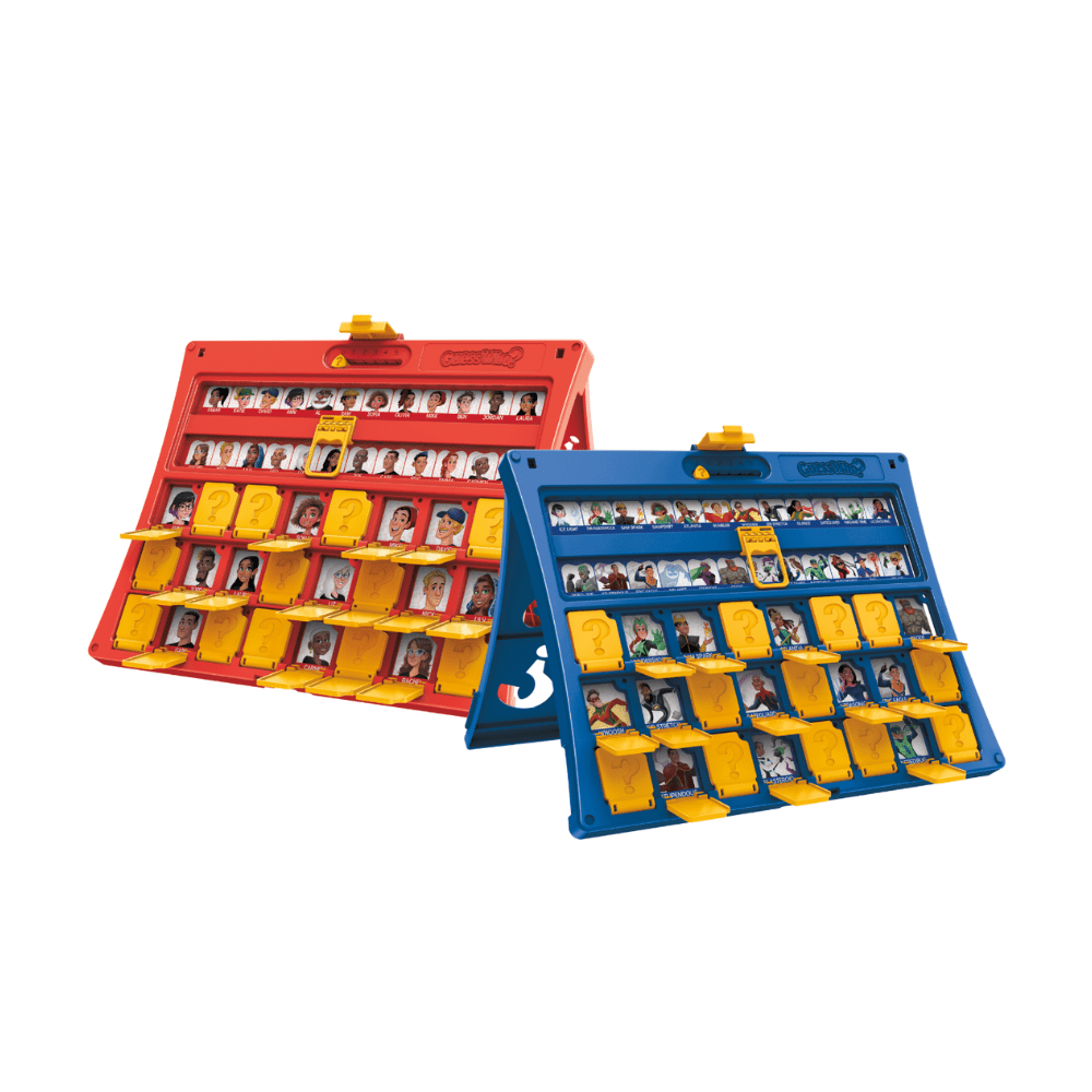 Guess Who game boards open, red and blue with yellow character-card grids