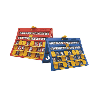 Open French deduction card game board with photo card slots, red and blue cases