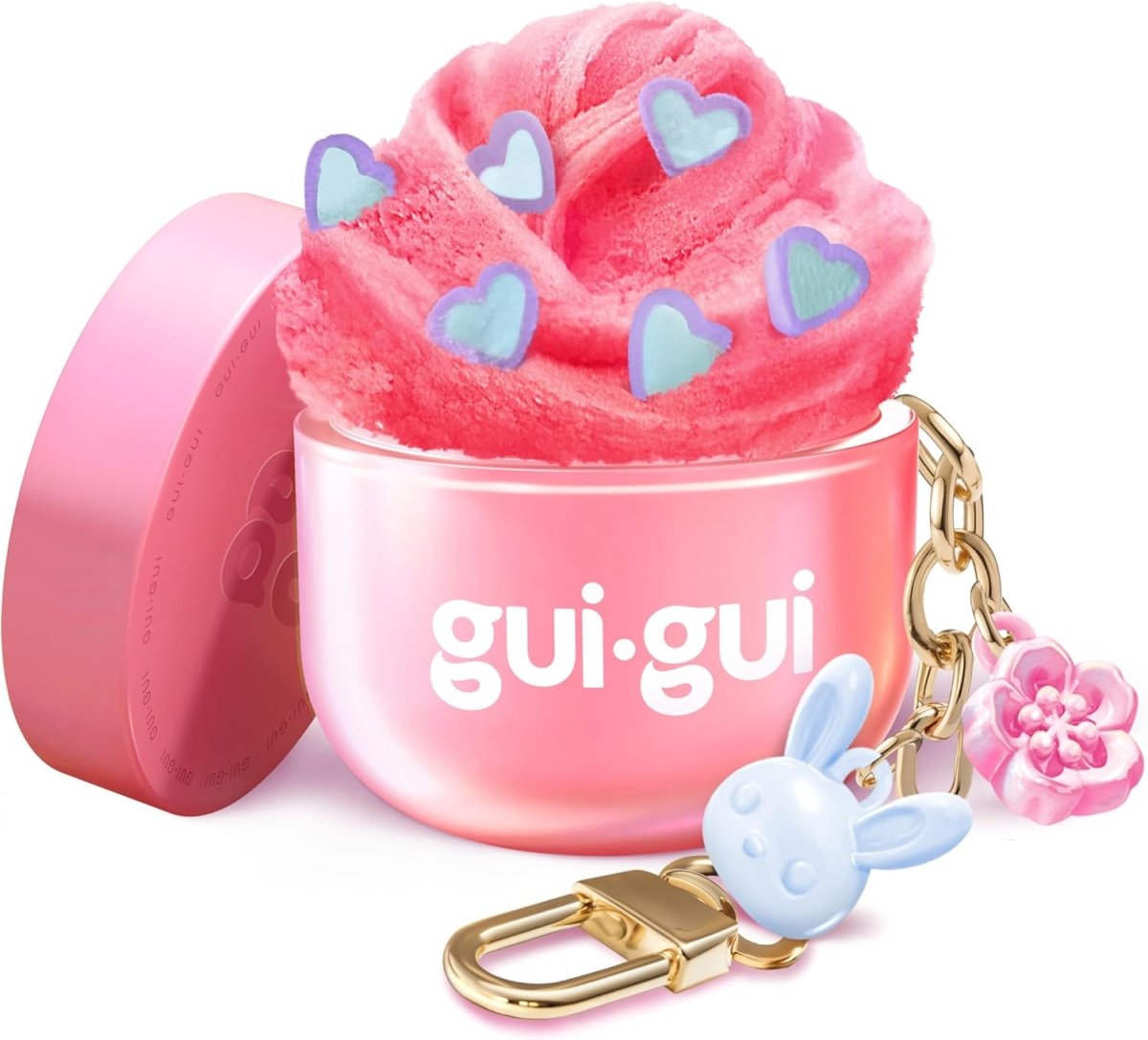 Slime mini single pack, pink case with fluffy red slime and heart charm keychain