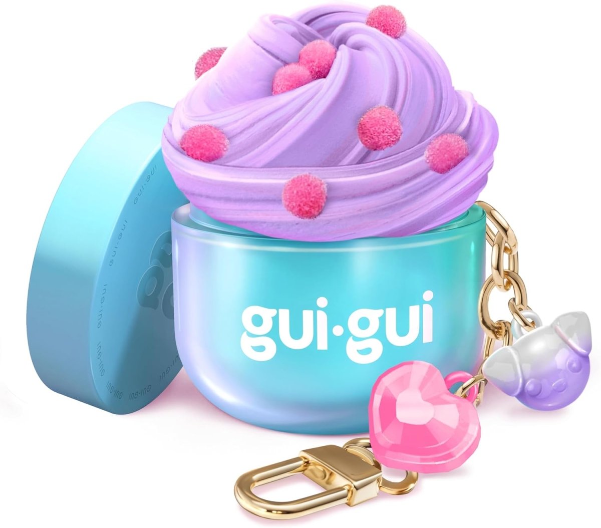 Slime mini single pack, blue case with lavender slime swirl and heart-shaped charm