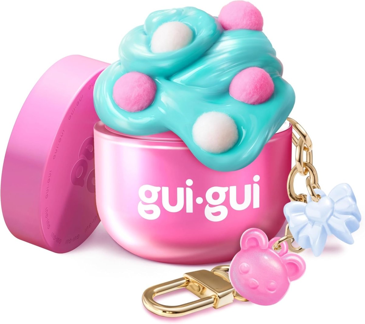 Slime mini single pack, pink case with teal slime top and bear/keychain charm