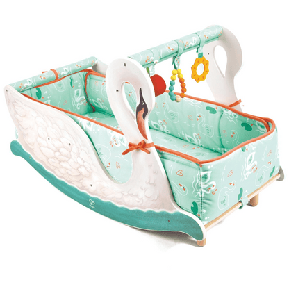 Swan rocking cradle with aqua play mat, orange trim, and dangling activity toy bar