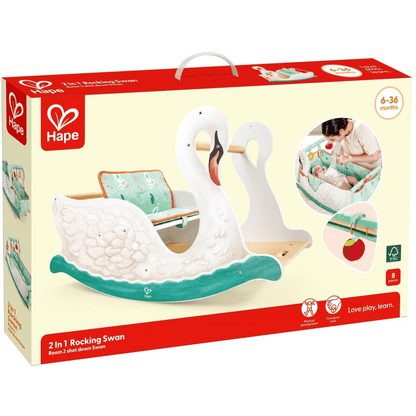 Hape 2-in-1 rocking swan cradle box packaging with swan design and product photo