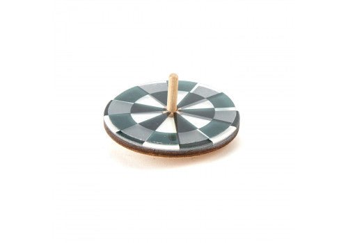 Spinning top toy with patterned round base and wooden peg