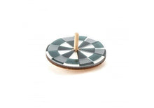Spinning top toy with patterned round base and wooden peg