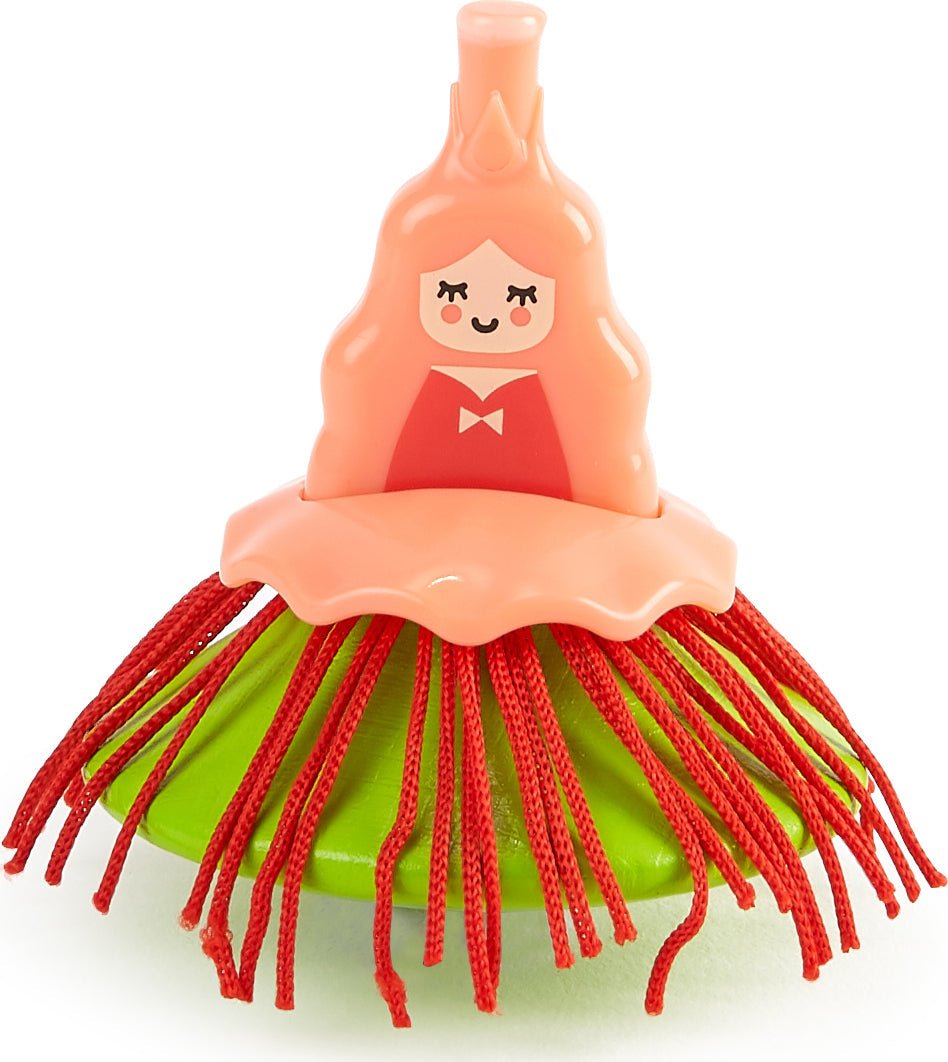 Ballerina spinning top toy with orange dancer figurine and striped fringed skirt