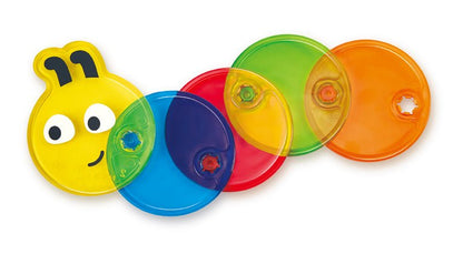 Color Mix caterpillar toy with yellow face and colorful spinning discs