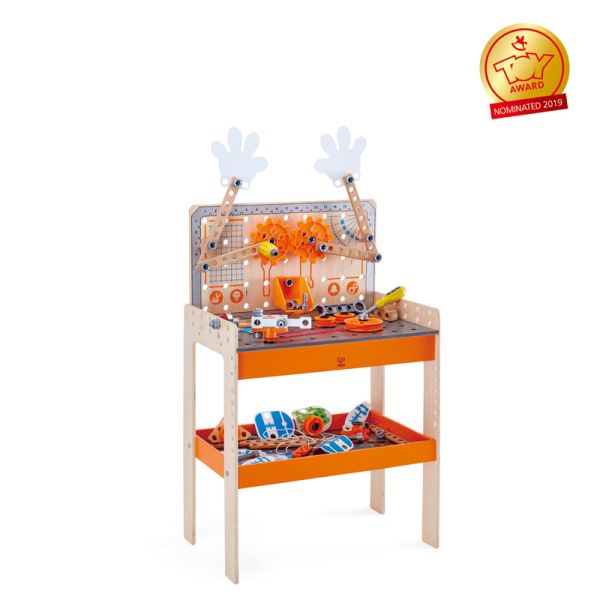 Hape Deluxe Scientific Workbench with orange bench, gears and tools
