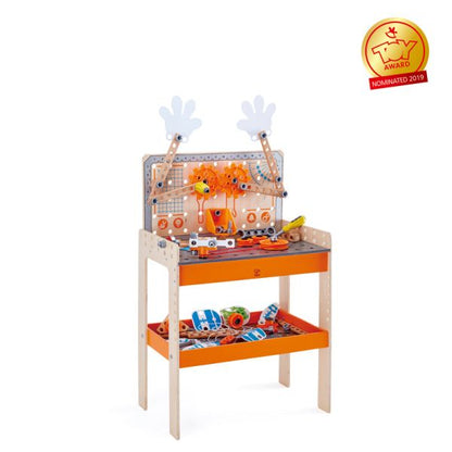 Hape Deluxe Scientific Workbench with orange bench, gears and tools