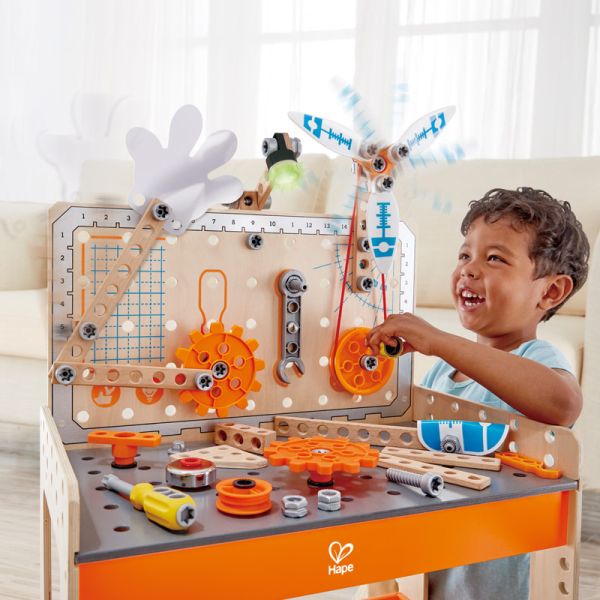 Deluxe Scientific Workbench with mounted parts, orange gears and tools