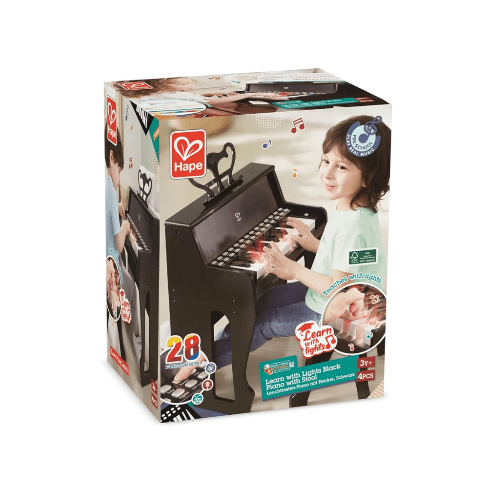 Upright piano toy box showing a black piano and kids playing illustration