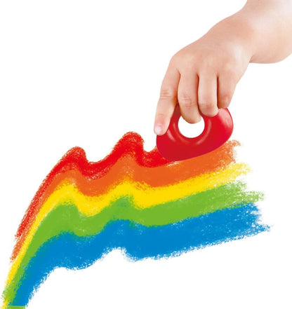 Red thumb-holed crayon held above rainbow coloring strokes
