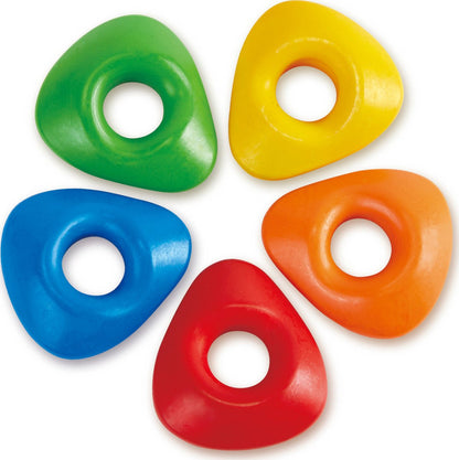 Triangular grip crayons with thumb holes in green, yellow, blue, orange, and red