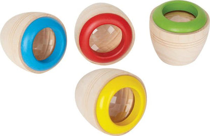 Wooden kaleidoscopes with colored rim lenses: blue, red, green, and yellow