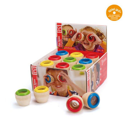 Wooden kaleidoscope set in box with red, yellow, blue, and green viewing rings
