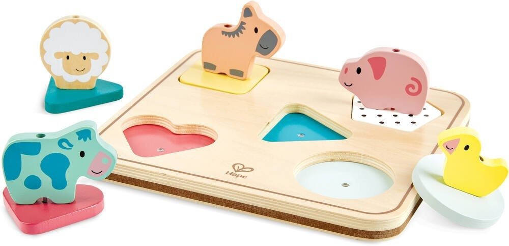 Wooden farm animal sound puzzle board with five animal figures on raised bases