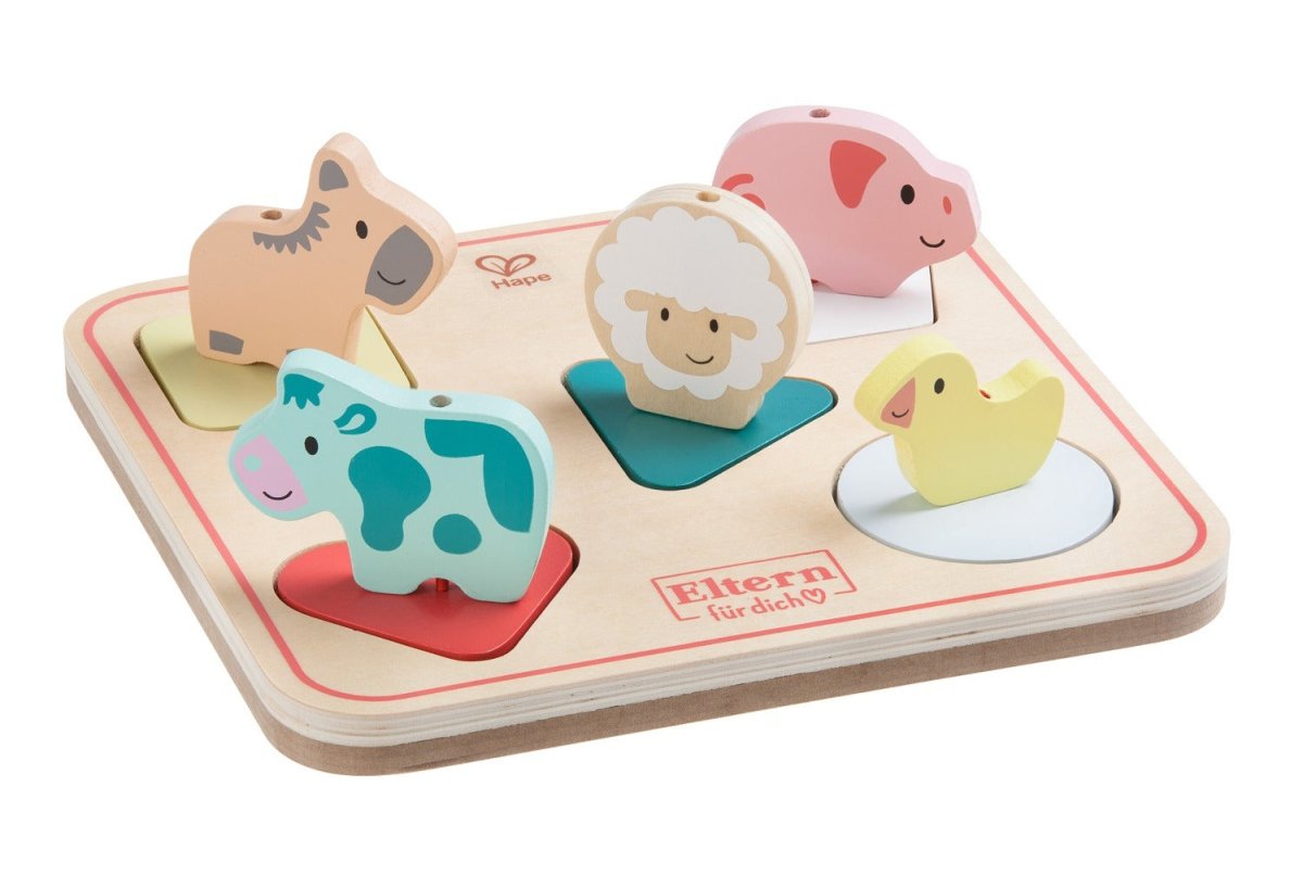Farm animal sound puzzle with wooden base and five molded animal pieces