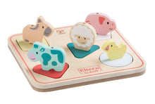 Farm animal sound puzzle with wooden base and five molded animal pieces