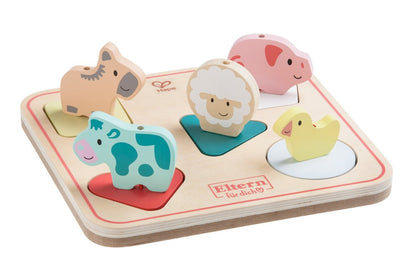 Farm animal sound puzzle with wooden base and five molded animal pieces