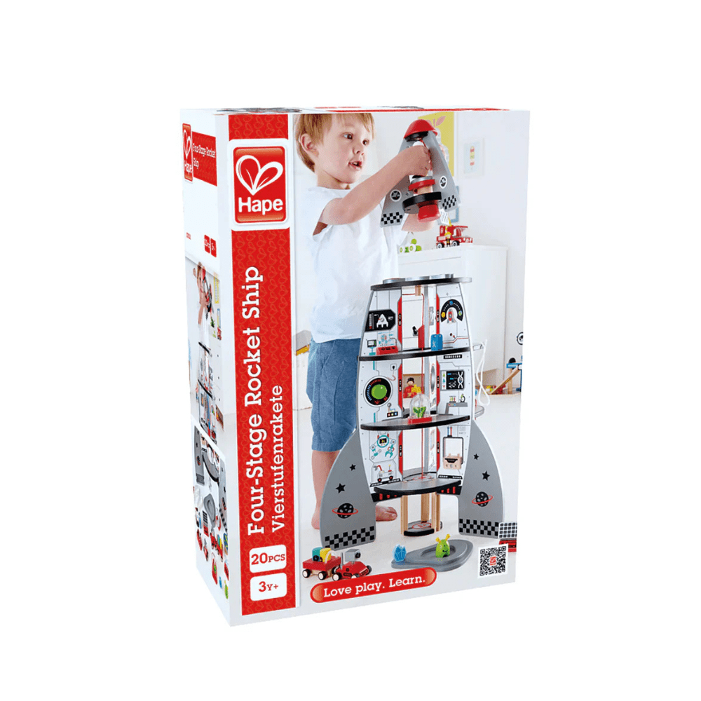 Rocket ship playset retail box showing four-stage rocket toy and accessories