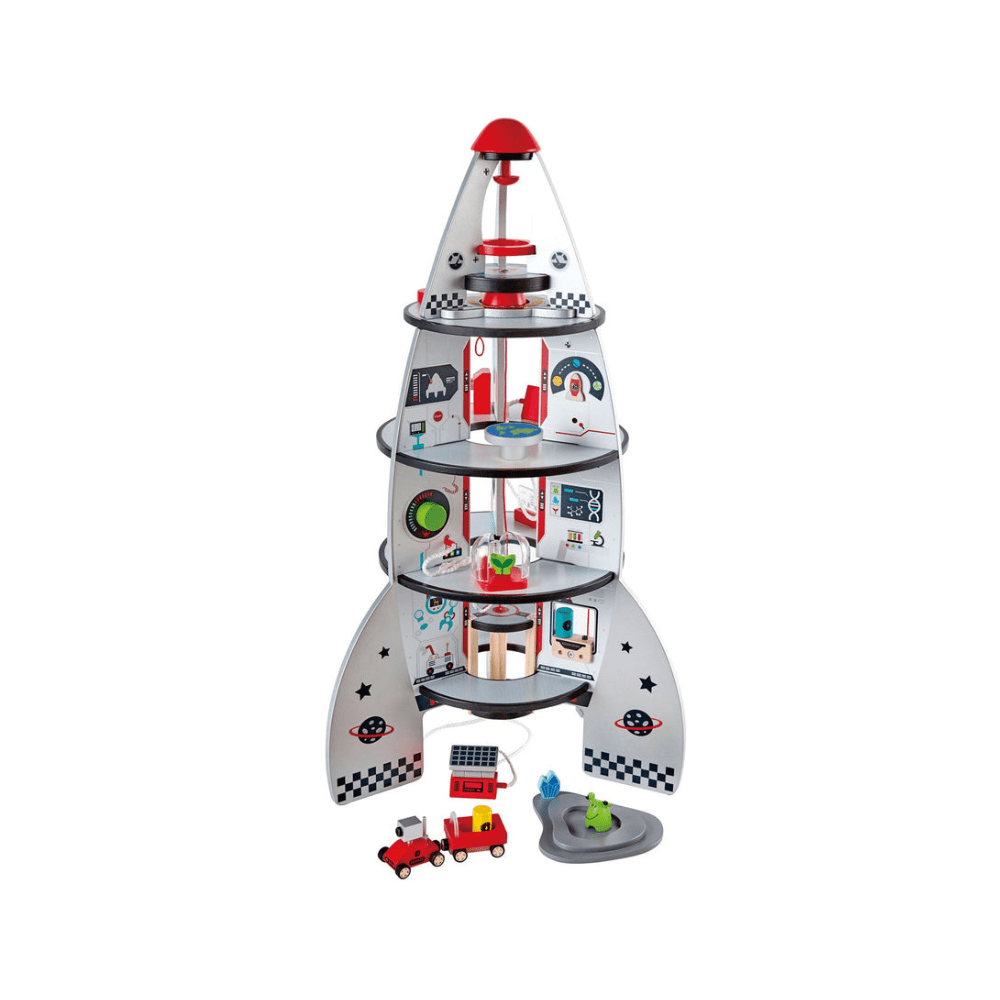 Four-stage rocket ship playset with red top, gray body, and multi-level panels