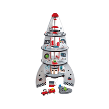 Four-stage rocket ship playset with red top, gray body, and multi-level panels