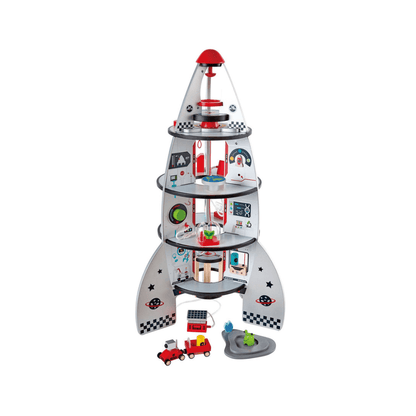 Four-stage rocket ship playset with red top, gray body, and multi-level panels